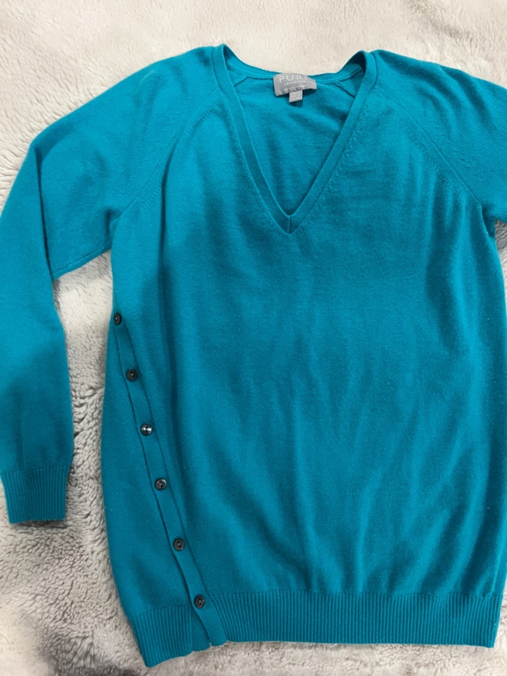 Pure Collection Teal V-Neck Side-Button Sweater